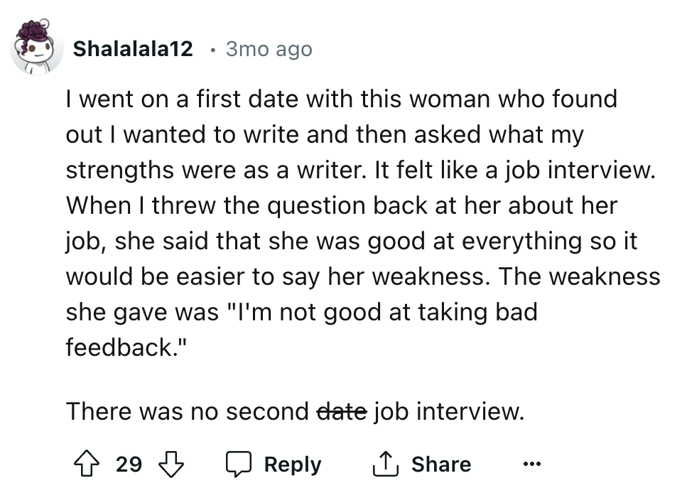 number - Shalalala12 3mo ago I went on a first date with this woman who found out I wanted to write and then asked what my strengths were as a writer. It felt a job interview. When I threw the question back at her about her job, she said that she was good